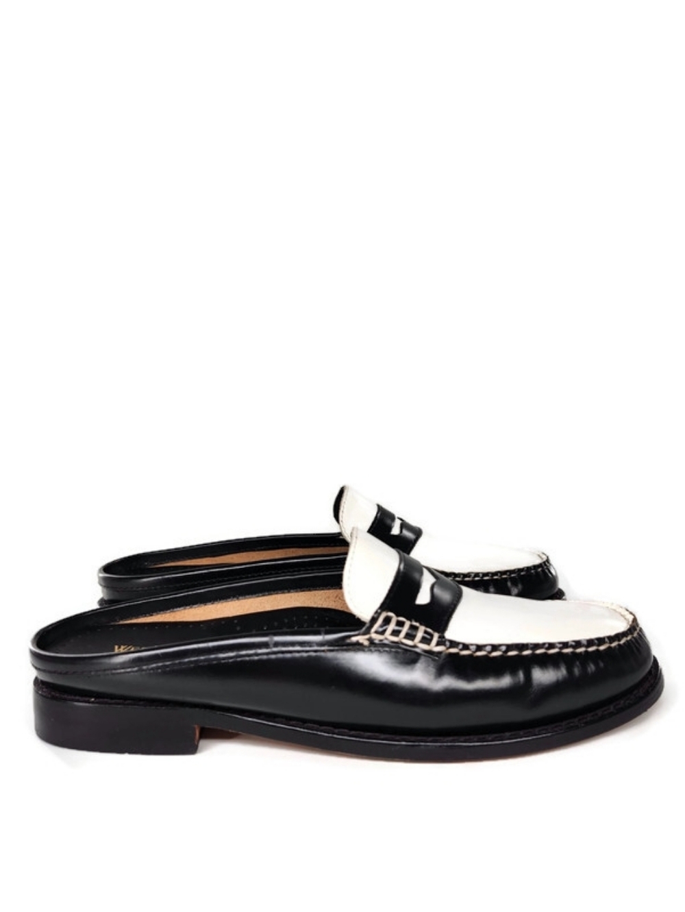 G.H. Bass Weejuns Wynn Black & White Leather Handsewn Slip-On Penny Loafer Mules - Picture 2 of 13